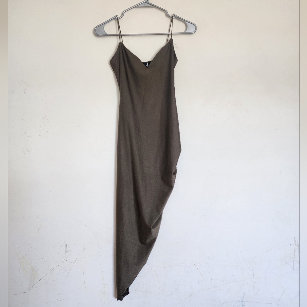 Windsor Satin Asymmetrical Olive Green Bodycon Dress size Small